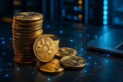 Golden Cryptocurrency Coins in Digital Workspace