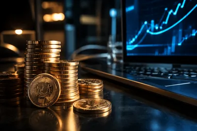 Golden Cryptocurrency Coins by Laptop Close-Up