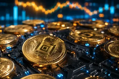 Golden Cryptocurrency Coins on Circuit Board