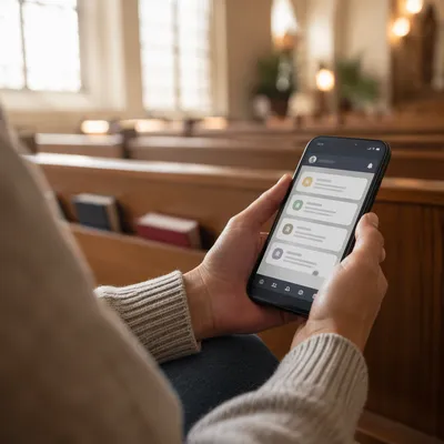 Church App Notifications on Smartphone in Pew