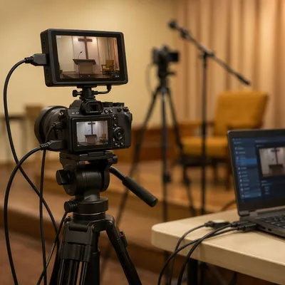 Church Live Streaming Camera and Laptop Setup
