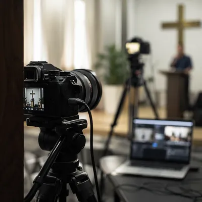 Church Live Streaming Camera and Laptop Setup