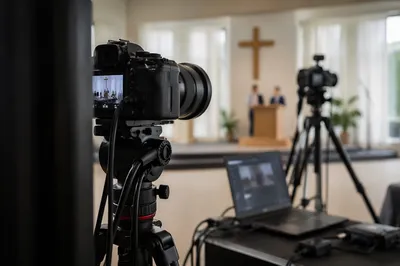 Church Live Streaming Camera and Laptop Setup