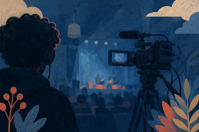 Church Livestream Camera on Tripod at Dusk