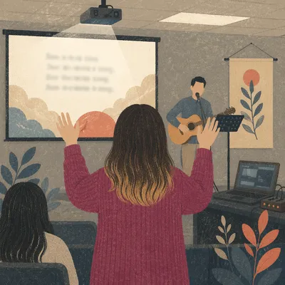 Person Raising Hands in Worship Room