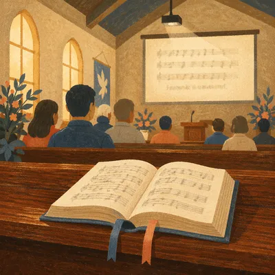 Open Songbook on Wooden Pew