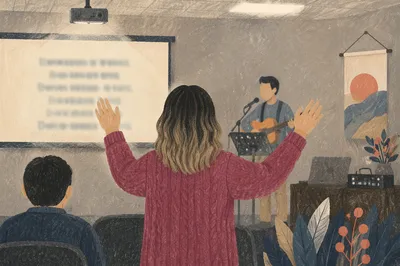 Person Raising Hands in Worship Room