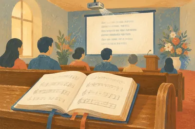 Open Songbook on Wooden Pew