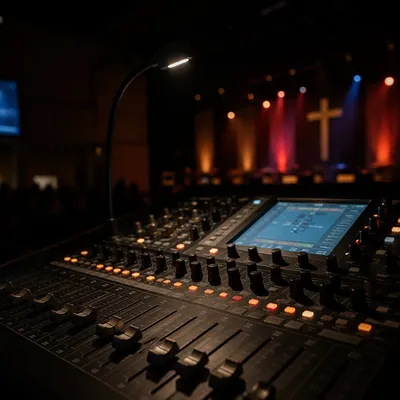 Digital Audio Mixing Console in Dim Auditorium
