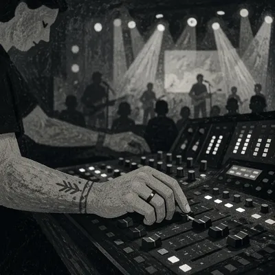 Hands Adjusting Digital Audio Mixing Board