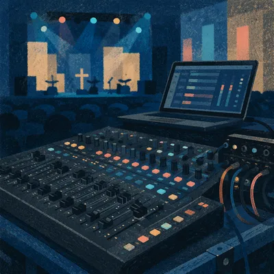 Digital Audio Mixing Console in Blue Light