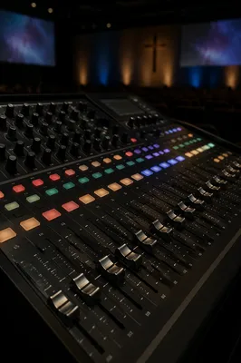 Close-Up Digital Audio Mixing Console