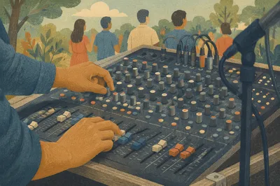 Hands Adjusting Outdoor Sound Mixing Console