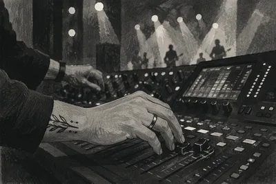 Hands Adjusting Digital Sound Mixing Board