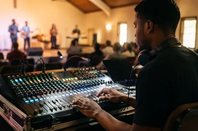 Sound Engineer Adjusting Audio Mixing Console