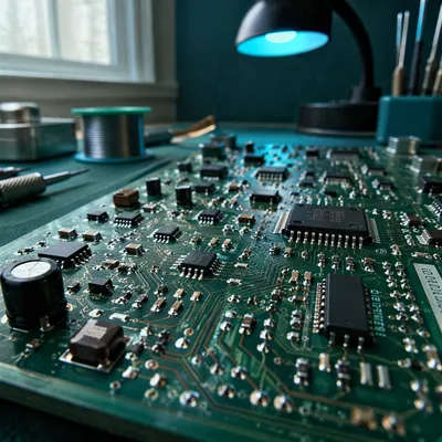 Macro Circuit Board with Teal Glow
