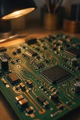 Macro Circuit Board Under Warm Lamp