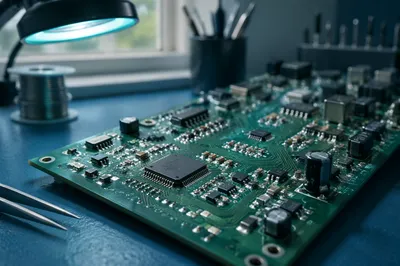 Macro Circuit Board with Teal Glow