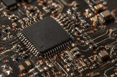 Macro Circuit Board with Black Microchip