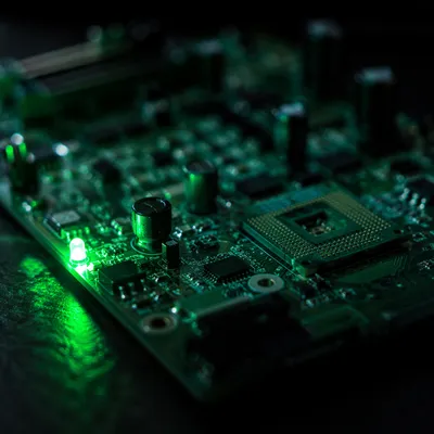 Glowing Green Circuit Board Macro Close-Up