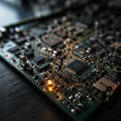 Macro Circuit Board With Glowing Amber LED