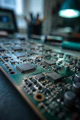 Macro Circuit Board with Teal Glow
