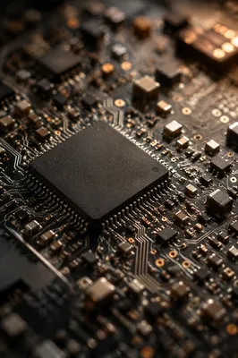 Macro Circuit Board with Black Microchip
