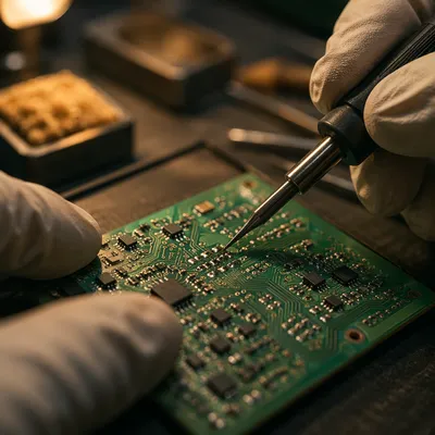 Green Circuit Board Soldering Macro Scene