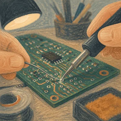 Green Circuit Board Soldering Macro Scene