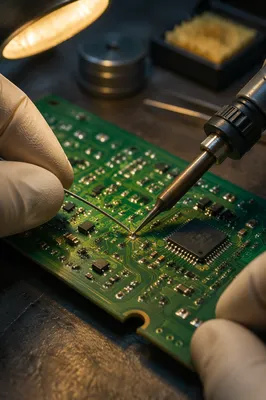 Macro Soldering on Green Circuit Board