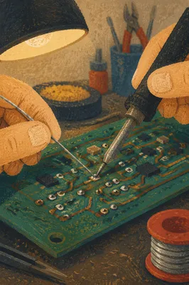 Macro Soldering on Green Circuit Board