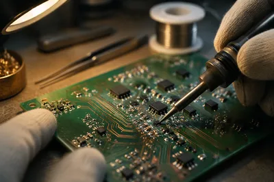 Green Circuit Board Soldering Macro Scene