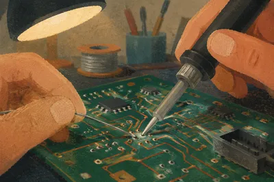 Macro Soldering on Green Circuit Board