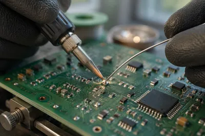 Green Circuit Board Soldering Macro Scene