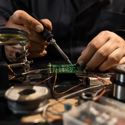 Macro Soldering on Green Circuit Board