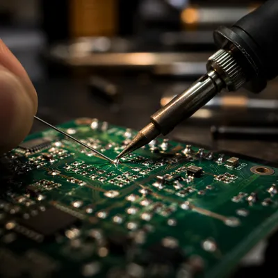 Macro Soldering on Green Circuit Board