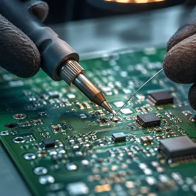 Macro Soldering on Green Circuit Board