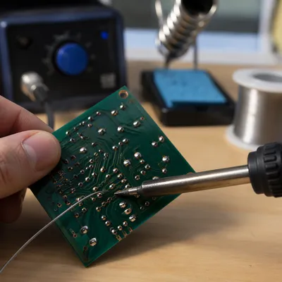 Macro Soldering on Green Circuit Board