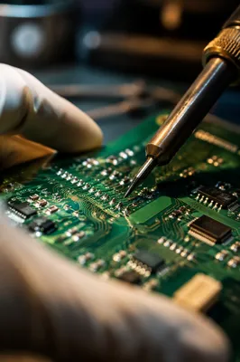 Macro Soldering on Green Circuit Board