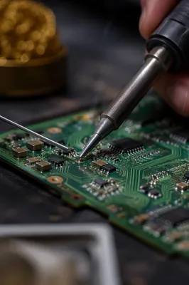 Macro Soldering on Green Circuit Board