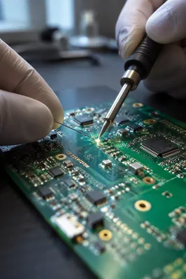 Macro Soldering on Green Circuit Board