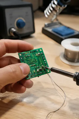 Macro Soldering on Green Circuit Board