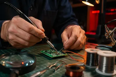 Macro Soldering on Green Circuit Board