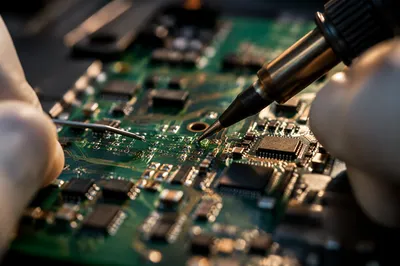 Macro Soldering on Green Circuit Board