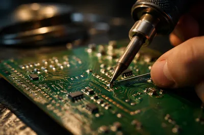 Macro Soldering on Green Circuit Board