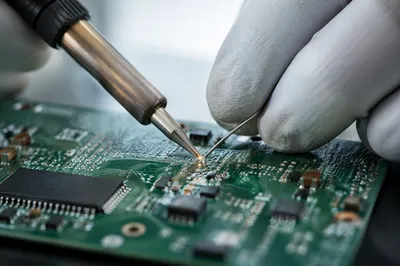 Macro Soldering on Green Circuit Board