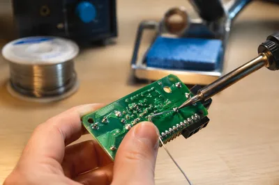 Macro Soldering on Green Circuit Board