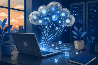 Abstract Cloud Computing Network Above Laptop