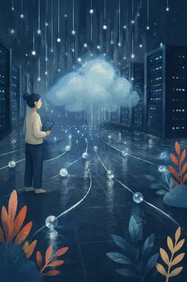 Futuristic Cloud Network Over Server Room