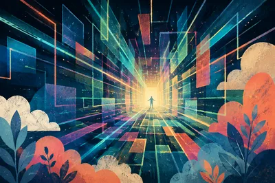Neon Cloud Network Tunnel with Silhouette